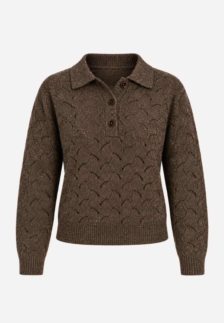 Elia Crochet Placket striktrøje - 517 Brown