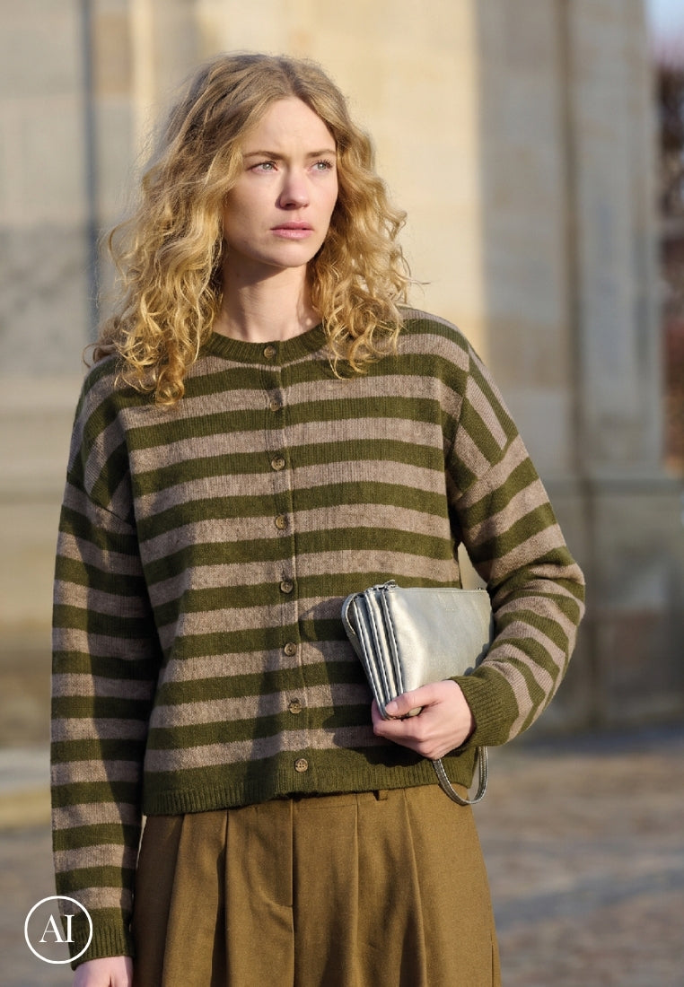 Sisse Striped cardigan - Green/Camel Melange
