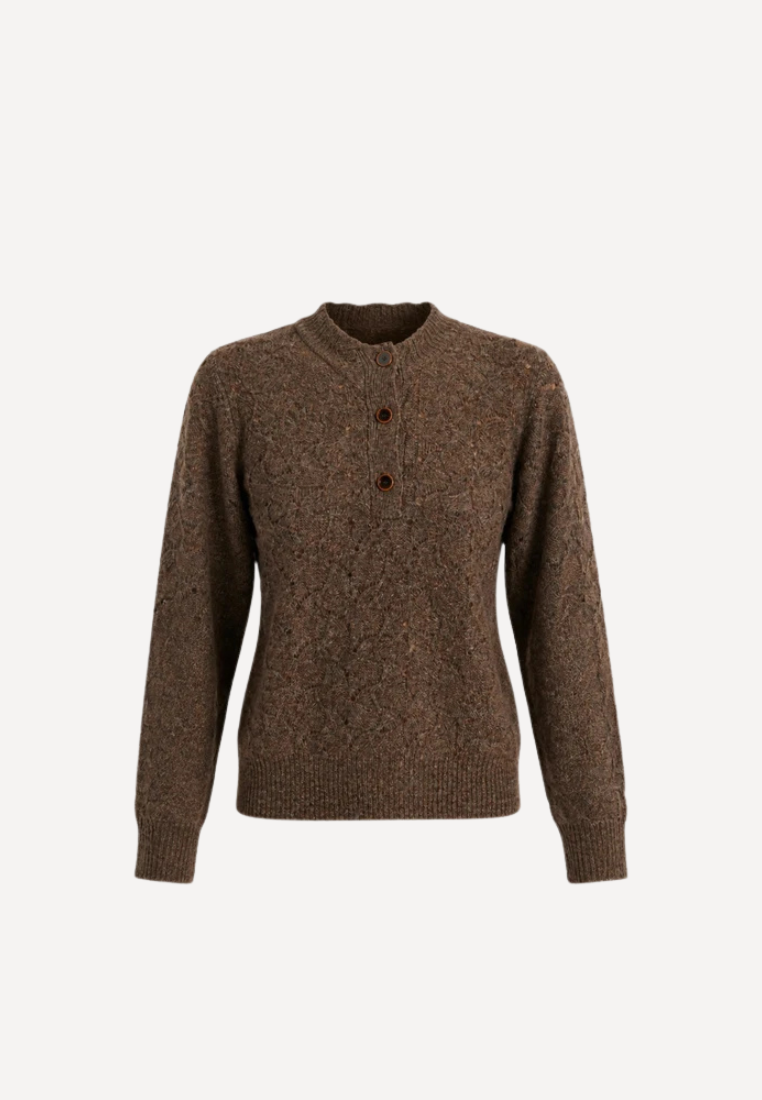 Elia Crochet Placket striktrøje - 517 Brown