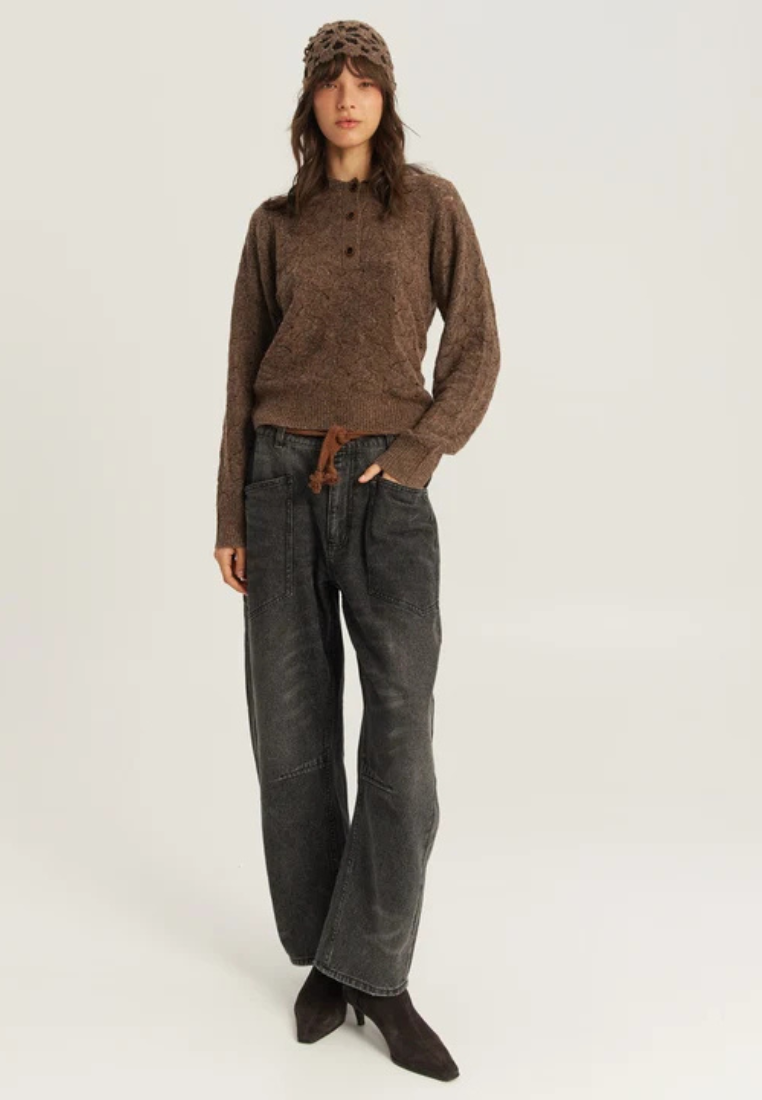 Elia Crochet Placket striktrøje - 517 Brown