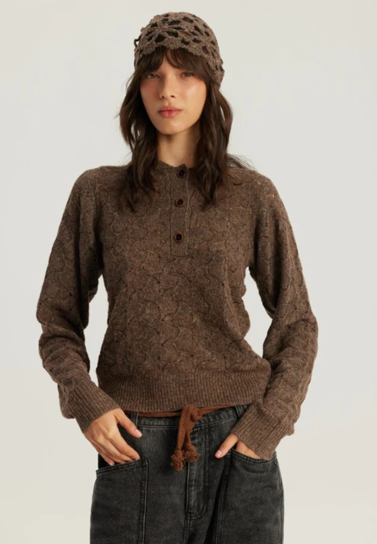 Elia Crochet Placket striktrøje - 517 Brown